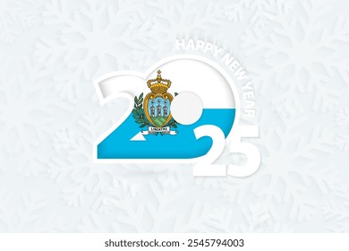 Nuevo año 2025 para San Marino sobre fondo de copo de nieve. Saludo a San Marino con el nuevo año 2025.