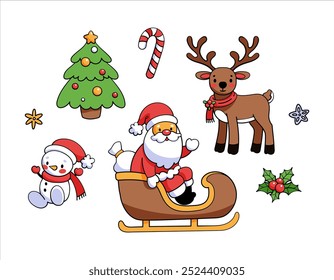 New Year 2025 set of Christmas elements. Santa Claus, deer, Christmas tree, snowman, candy cane, holly.