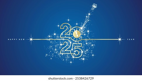 New Year 2025 shining line design typography with clock countdown and glitter sparkler firework golden white blue background vector