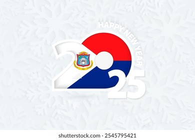 Nuevo año 2025 para Sint Maarten sobre fondo de copo de nieve. Saludo a Sint Maarten con el nuevo año 2025.