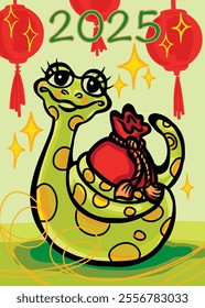 New Year 2025 snake Chinese Lunar year. Postcard pattern vetor cute snake with red pouch of money chinese red lantern 