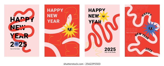 New year 2025 and year of the snake graphic card template for holiday greeting with a simple numeric, modern, and minimal design featuring red, pink, blue, yellow tones