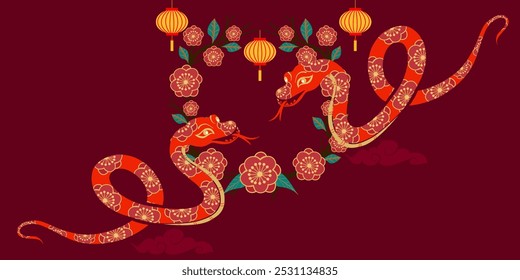 Ano novo 2025 ano da serpente. Duas cobras vermelhas decoradas com vetor de flor de ameixa e decoradas com lanternas chinesas e flor de ameixa de coroa em fundo vermelho.