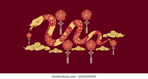 New year 2025 year of the Snake. Red nake decorated with plum blossom vector and decorated with Chinese lanterns on red background.