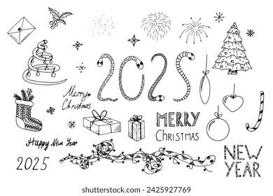 Nuevo año 2025 Set de serpientes. Dibujado A Mano Dibujado Dibujo De Dibujo De Doodle. Letras de serpiente