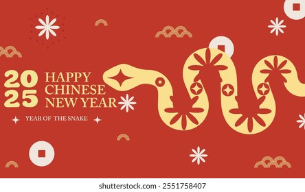 New Year 2025 with Snake zodiac sign, year of the snake, red Chinese lunar new year vector with snake.
geometric modern design, card, banner.Chinese lunar calendar animal symbols astrology.