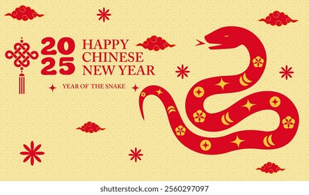 New Year 2025 with Snake zodiac sign, year of the snake, red Chinese lunar new year vector with snake.
geometric modern design, card, banner.Chinese lunar calendar animal symbols astrology.