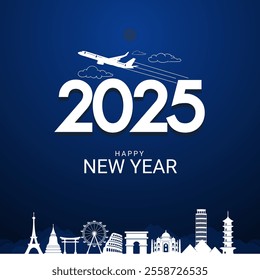 The New Year 2025 Tour Travel and Tourism Airlines social media banner poster cover design concept, Vector illustration 