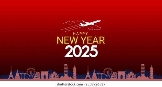 The New Year 2025 Tour Travel and Tourism Airlines social media banner poster cover design concept, Vector illustration 