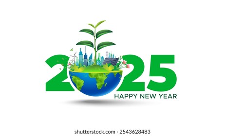 New year 2025 with tree plant, earth and eco city skyline isolated on white background.