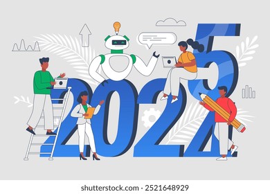 Tendências, planos e conceito de negócio de crescimento do Ano Novo 2025.  Ilustração vetorial moderna de pessoas analisando tendências e usando tecnologia de IA