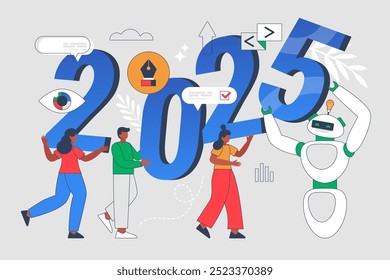 Nuevo año 2025 tendencias, Planes y concepto de negocio de crecimiento.  Ilustración vectorial moderna de personas que analizan las tendencias y utilizan la tecnología de IA