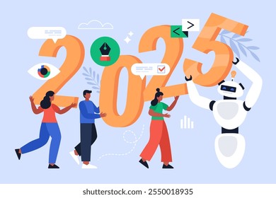 New Year 2025 trends, plans and growth business concept.  Modern vector illustration of people analyzing trends and using AI technology