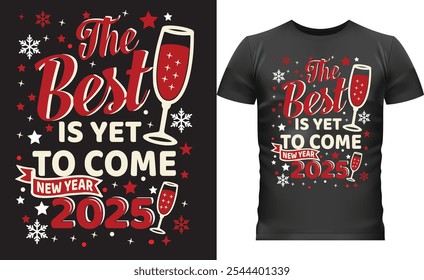 Diseño de camiseta del año Nuevo 2025, brindis del año Nuevo, celebración de 2025, camiseta festiva. (NO AI)