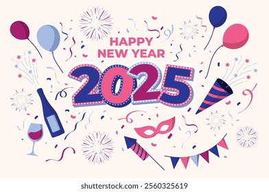 new year 2025 vector illustration with various object