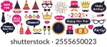 New Year 2025 vector party photo booth props and design elements set with hats, glasses, mustaches, lips, speech bubbles, fireworks