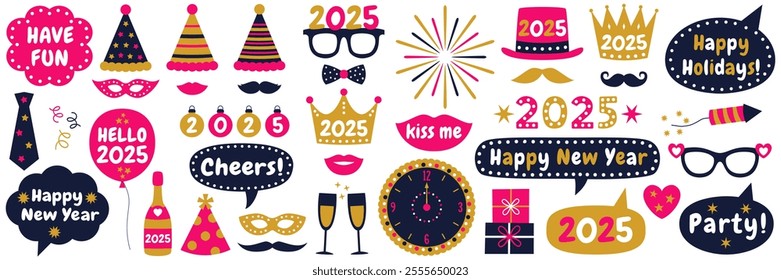 New Year 2025 vector party photo booth props and design elements set with hats, glasses, mustaches, lips, speech bubbles, fireworks