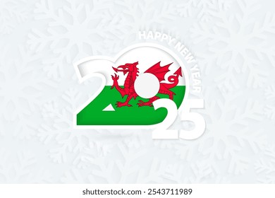 New Year 2025 for Wales on snowflake background. Greeting Wales with new 2025 year.