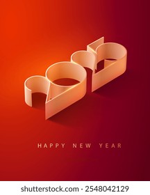 New year 2025. White 3D numbers on a red background. Festive greeting card with isometric calendar date.