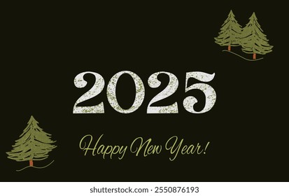 New Year 2025 white and light green. Dark green background, fir trees, holiday hand draw design template for holiday greeting card, invitation, calendar poster, banner.Vector illustration