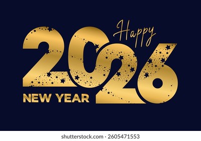New Year 2026 Abstract golden fireworks, stars and golden luxury gradient numbers on blue background. Happy New Year 2026 with gold stars and sparkles. Vector illustration.