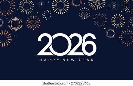 Ano Novo 2026: Abstrato multicolorido fogos de artifício de ouro e números brancos em um fundo azul escuro.