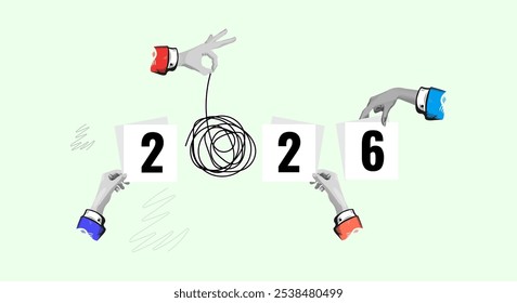 New year 2026 art collage banner with hands holding numbers isolated trendy background. Color of the year 2026 . Creative trend Collage Art Vector illustration