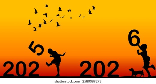 New Year 2026 background design with silhouette of a boy kicking the number 5 of 2025 and another boy holding the number 6 of 2026