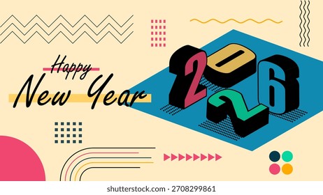Diseño de fondo del año Nuevo 2026 con estilo retro abstracto geométrico moderno y Formas isométricas coloridas
