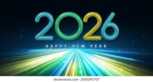 New Year 2026 Background With Futuristic Light Beams, Glowing Neon Numbers, And Starry Night Sky. Modern Celebration Concept In Dark Theme. Vector Illustration.