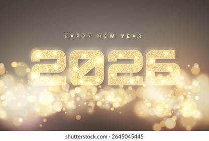 New Year 2026 Background With Glowing Gold Glitter Numbers, Sparkling Lights, And Elegant Bokeh Effects On Dark Gradient. Luxury Celebration Theme. Vector Illustration.