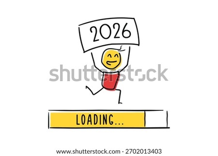 New year 2026 banner. Character holding 2026 sign with loading bar. Happy new year background vector illustration