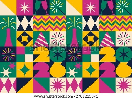 New Year 2026 Bright Geometric Background with Fireworks