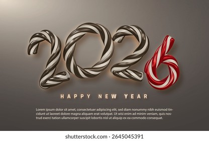New Year 2026 Candy Cane Style Numbers with Festive Red and Chocolate Swirls on Elegant Gradient Background. Sweet Holiday Celebration Theme. Vector Illustration.