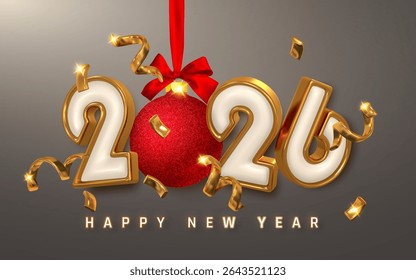 New Year 2026 Celebration Background With Golden Numbers, Red Christmas Ball, Ribbon And Confetti On Dark Background. Festive Holiday Design. Vector Illustration.