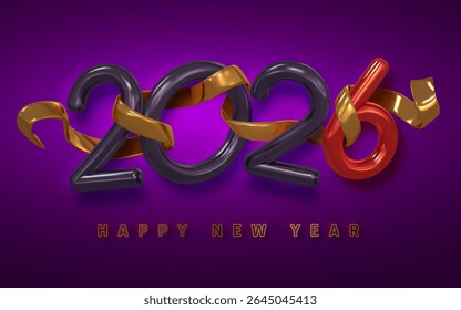 New Year 2026 Celebration Banner With 3D Numbers, Gold Ribbon, And Vibrant Purple Background. Modern Festive Holiday Greeting Design. Vector Illustration.