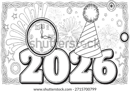 New Year 2026 Celebration Coloring Page with Clock and Party Hat