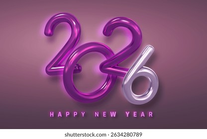 New Year 2026 Celebration Design with Glossy 3D Numbers and Neon Lights on a Modern Gradient Background. Vibrant Typography for Party, Holiday, or Seasonal Greeting. Vector Illustration.