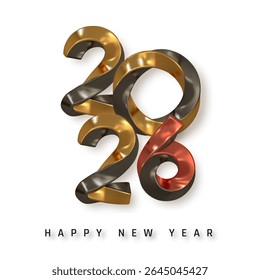 New Year 2026 Celebration Design with Shiny Metallic 3D Numbers in Gold, Black, and Red with Clean White Background. Festive Typography Vector Illustration.