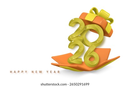 New Year 2026 Celebration Gift Box With 3D Numbers And Ribbon in Orange and Yellow Colors. Festive Holiday Design. Vector Illustration.