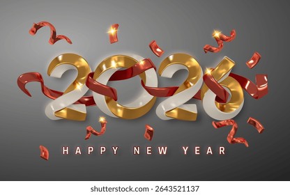 New Year 2026 Celebration With Gold And Red 3D Numbers, Flying Confetti, And Festive Ribbon On Dark Background. Perfect For Greeting Cards And Event Designs. Vector Illustration.
