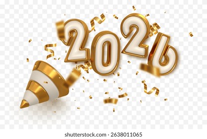 New Year 2026 Celebration with Golden Party Popper and Confetti Explosion on Transparent Background, Perfect for Holiday and Event Design. Vector Illustration.