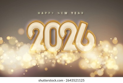 New Year 2026 Celebration With Golden Text, Glowing Lights, And Festive Bokeh On Elegant Background. Perfect For Holiday Designs. Vector Illustration.