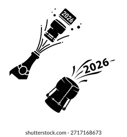 New Year 2026 celebration objects with champagne bottle and gloves black silhouette vector