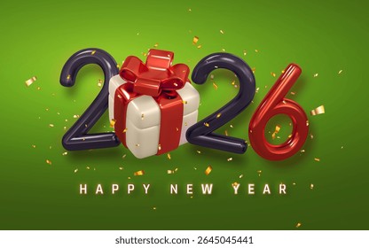New Year 2026 Celebration With Red Gift Box, Glossy 3D Numbers, and Confetti on Green Background. Festive Holiday Greeting Design. Vector Illustration.