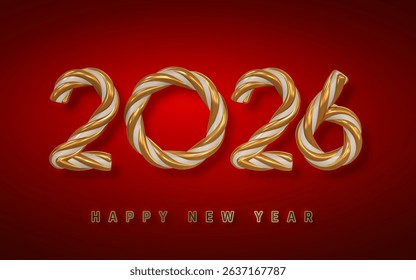 New Year 2026 Celebration Text Made of Gold and White Candy Stripes on Red Background. Luxury Holiday Typography Design for Festive Season. Vector Illustration.