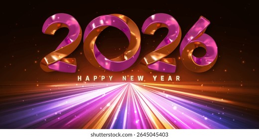 New Year 2026 Celebration With Vibrant 3D Numbers, Shiny Lights And Futuristic Neon Light Rays On Dark Background. Perfect For Festive Party Designs And Posters. Vector Illustration.