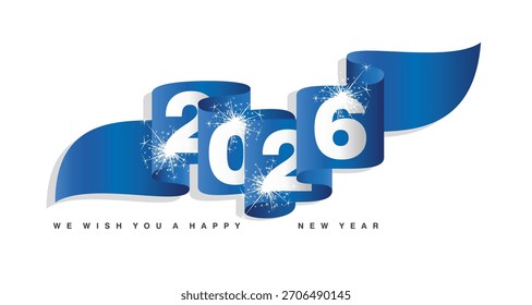 Plantilla de diseño conceptual del año Nuevo 2026 con fuegos artificiales brillantes plateados blancos 2026 en la bandera de cinta ondulada azul. Elemento de diseño de Vector de Premium para cartel, Anuncio, tarjeta de felicitación