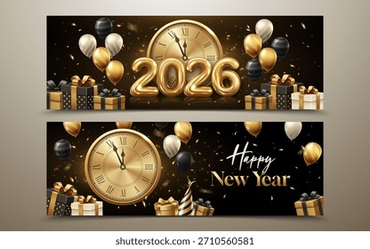 Countdown-Banner Neujahr 2026 - Gold Ballons, römische Uhr, Luxus-Schwarz und Gold-Feier-Header