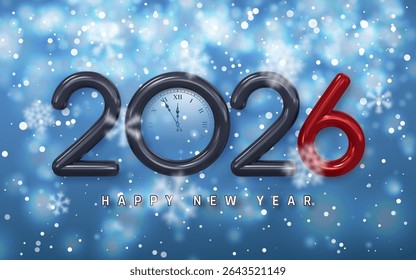 New Year 2026 Countdown With Clock Inside Numbers, Snowy Background, Sparkling Lights, And Festive Atmosphere. Perfect For Holiday Projects. Vector Illustration.